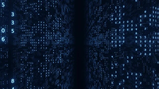 Digital flying background loop. A network of binary data code. Big data. Information, connection, Internet, worldwide network. 3D 4K loop animation. Blue neon backdrop.