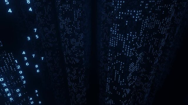 Digital flying background loop. A network of binary data code. Big data. Information, connection, Internet, worldwide network. 3D 4K loop animation. Blue neon backdrop.