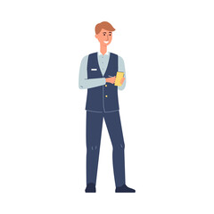 Waiter man writing an order in block note, flat vector illustration isolated.