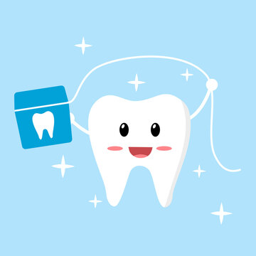 Clean your teeth regularly with dental floss concept. Smiling teeth cartoon using floss in flat design. Dental care. Oral healthcare.