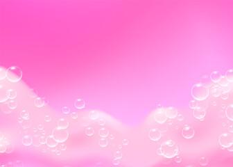Beautiful light background with Bath pink foam and empty place for your text. Shampoo bubbles texture. Sparkling pink shampoo and bath lather. Vector realistic illustration.