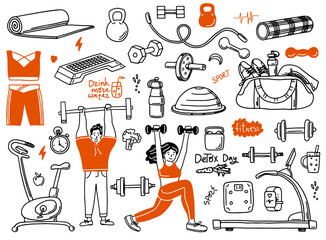 Set of hand drawn sport doodle with ball, bottle, medal, food, diet, fitness and gym elements. Cartoon sketch style. Vector illustration for healthy and activity life design concept.