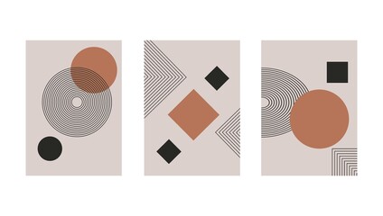 Fototapeta premium Set of abstract contemporary with geometric shapes. Design for wallpaper, background, wall decor, cover, print, card, branding. Modern boho minimalist art. Vector 
