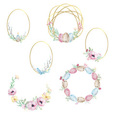 Set of watercolor Easter gold and floral wreaths