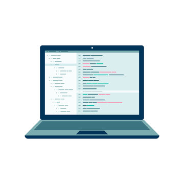 Open laptop with program code on screen flat vector illustration isolated.