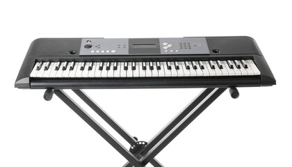 Modern synthesizer on white background, closeup