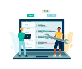 UI code testers or programmers next to laptop, flat vector illustration isolated.