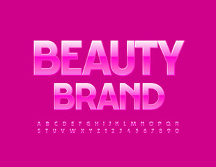 Vector bright sign Beauty Brand. Pink shiny Font. Elegant Alphabet Letters and Numbers set