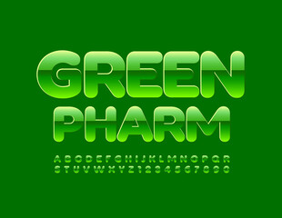 Vector concept emblem Green Pharm. Glossy bright Font. Shiny Alphabet Letters and Numbers set