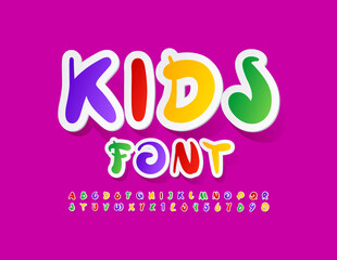 Vector Kids Font. Artistic style Alphabet. Colorful sticker Letters and Numbers set