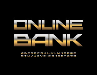 Vector premium sign Online Bank. Techno style Font. Metallic Gold Alphabet Letters and Numbers set