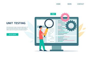 Unit testing web page design with tiny man character flat vector illustration.