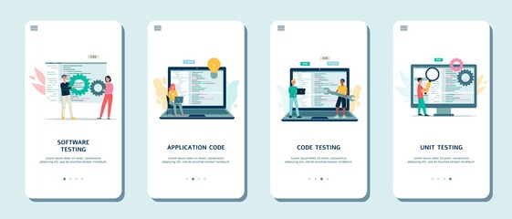 Set of mobile phone screens with programmers making software and code testing