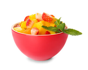 Bowl with tropical fruit salad on white background