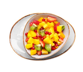 Bowl with tropical fruit salad on white background