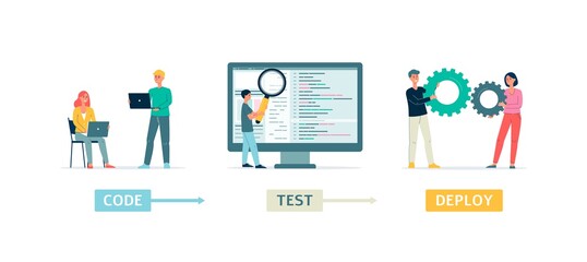 Programming code testing with programmers flat vector illustration isolated.