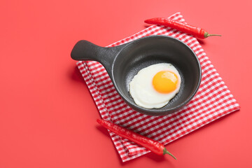 Frying pan with tasty egg on color background