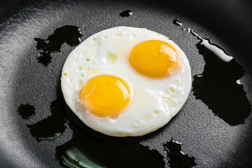 Frying pan with tasty eggs, closeup