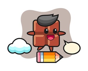 Chocolate bar mascot illustration riding on a giant pencil