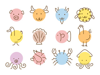 Fototapeta premium Animals Head Simply Shape and Line Drawing Set, Meat Concept, Farm, Food and Seafood