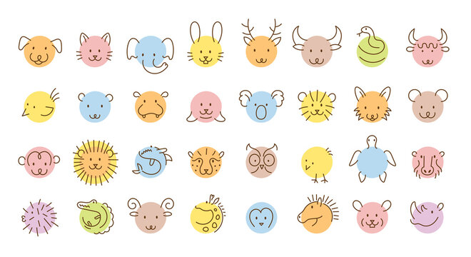 Animals Head Simply Circle Shape and Line Drawing Set