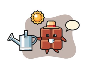 Cartoon character of chocolate bar holding watering can