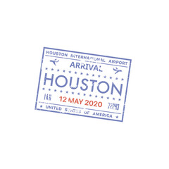 Passport stamp travel visa or customs of USA international airport and border control immigration, vector isolated sign. Houston US city airport arrival visa or passport stamp with airplane icon