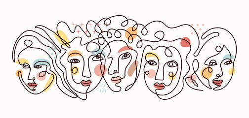 People, Group of Women Face Single Line Contour Drawing