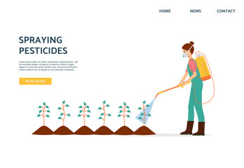 Spraying pesticides website with farmer spraying pesticide, vector illustration.