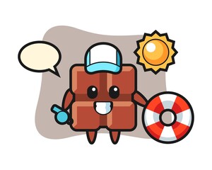 Cartoon mascot of chocolate bar as a beach guard