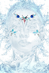 Portrait shot of female face made of shiny water and decorated with silver star and blue crystals on forehead and under eyes. Temporary tattoos are made as waterproof non-toxic skin stickers. 