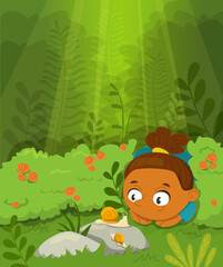 Happy little child looking at the snails vector illustration. Green nature, summer time. Girl in the forest, cute curious character exploring the world outside.