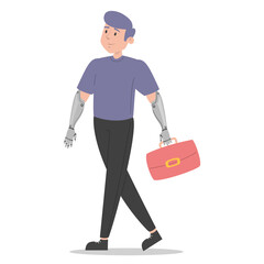Man with prosthetic arms vector isolated. Bionic limbs, amputee male person. Concept of people with disability. Happy handsome man walking with artificial arms.