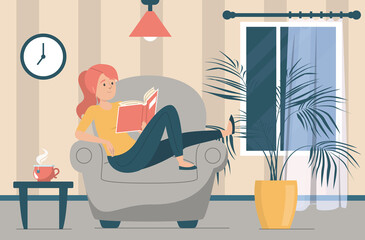 Woman reading book. Female character sitting in the armchair and holding book. Person at home, domestic relaxation. Living room interior.