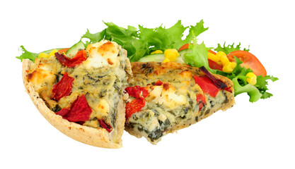 Spinach and red pepper quiche portions with feta cheese and fresh salad isolated on a white background
