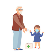 Little Girl in Face Mask Spraying Hands of Senior Man with Sanitizer Vector Illustration