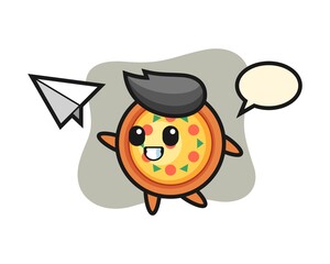 Pizza cartoon character throwing paper airplane