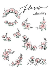 Little flowers bundle on the white background, hand-written, lettering, calligraphy, decoration, element, frame