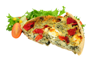 Spinach and red pepper quiche portions with feta cheese and fresh salad isolated on a white background