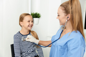 woman doctor examines a child in hospital treatment