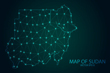 Map of Sudan - With glowing point and lines scales on The Dark Gradient Background, 3D mesh polygonal network connections. Vector illustration eps10.