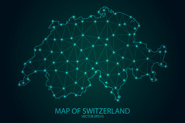 Map of Switzerland - With glowing point and lines scales on The Dark Gradient Background, 3D mesh polygonal network connections. Vector illustration eps10.