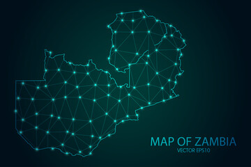 Map of Zambia - With glowing point and lines scales on The Dark Gradient Background, 3D mesh polygonal network connections. Vector illustration eps10.