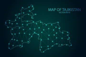 Map of Tajikistan - With glowing point and lines scales on The Dark Gradient Background, 3D mesh polygonal network connections. Vector illustration eps10.
