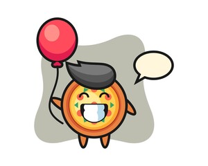 Pizza mascot illustration is playing balloon