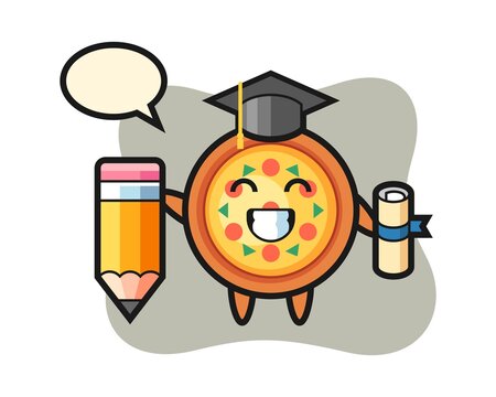 Pizza illustration cartoon is graduation with a giant pencil
