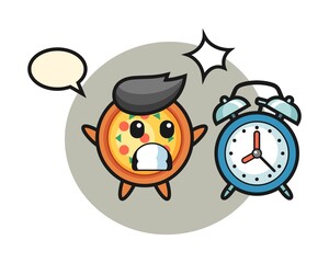 Cartoon illustration of pizza is surprised with a giant alarm clock