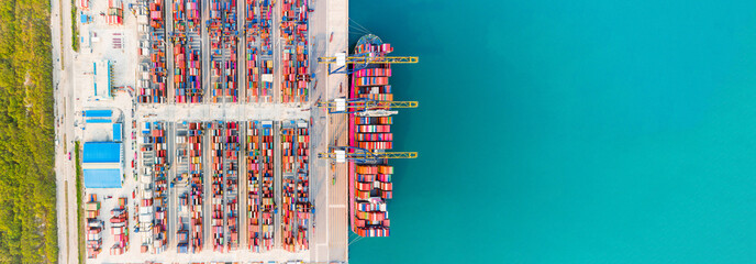 Aerial top view of containers cargo ship. business logistic transportation sea freight, cargo ship,...