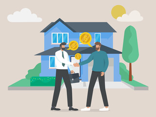 Fototapeta premium Character Buying Mortgage House and Shaking Hands with Real Estate Agent, Invest Money in Real Estate Property.