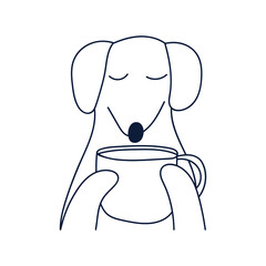 Dachshund with big coffee mug. Funny outline vector illustration.  